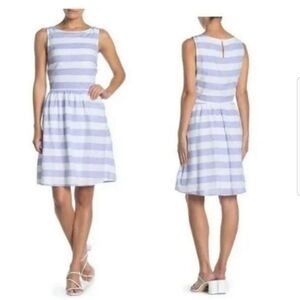 Beach Lunch Lounge Linen Blend Sleeveless Light Blue White Striped Dress Size M